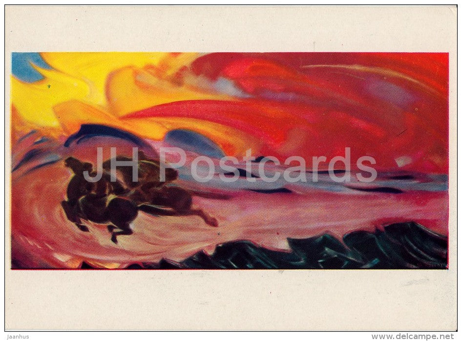 painting by S. Roerich - Hurry , 1954 - horses - Russian art - 1960 - Russia USSR - unused - JH Postcards