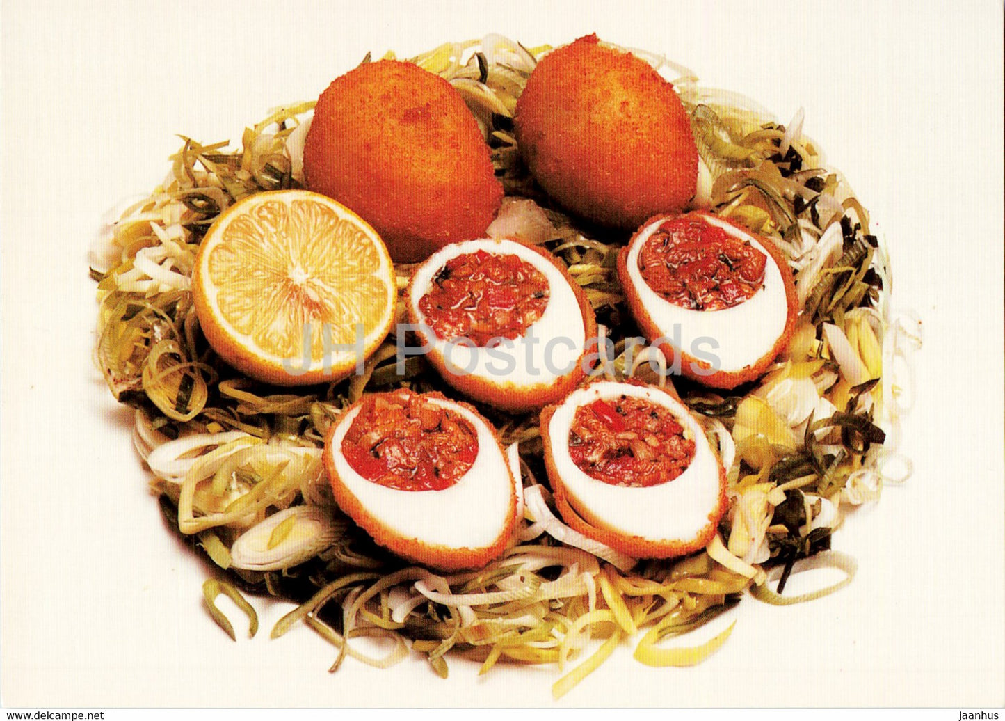 Stuffed fried eggs - Leek salad - Vegetarian dishes - recipes - 1989 - Russia USSR - unused - JH Postcards