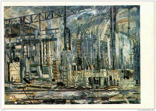 painting by E. Okas - Construction of Kunda Cement Works , 1961 - estonian art - Estonia USSR - 1984 - unused - JH Postcards