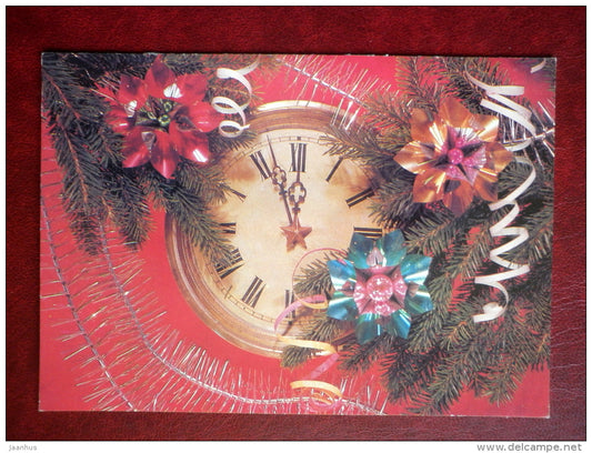 New Year greeting card - decorations - clock - 1987 - Russia USSR - used - JH Postcards