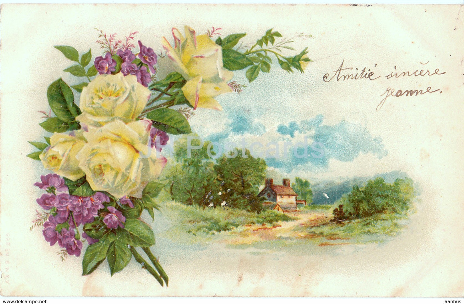 flowers - yellow roses - counryside - K & B D - illustration - old postcard - 1904 - Germany - used - JH Postcards