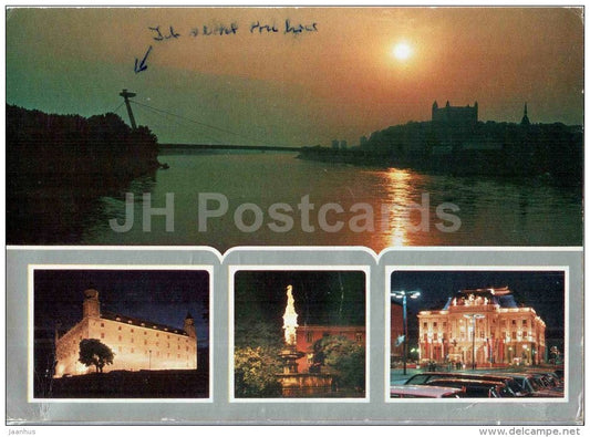 Bratislava - Danube river - bridge - castle - Roland's fountain - National Theatre Czechoslovakia - Slovakia - used 1987 - JH Postcards