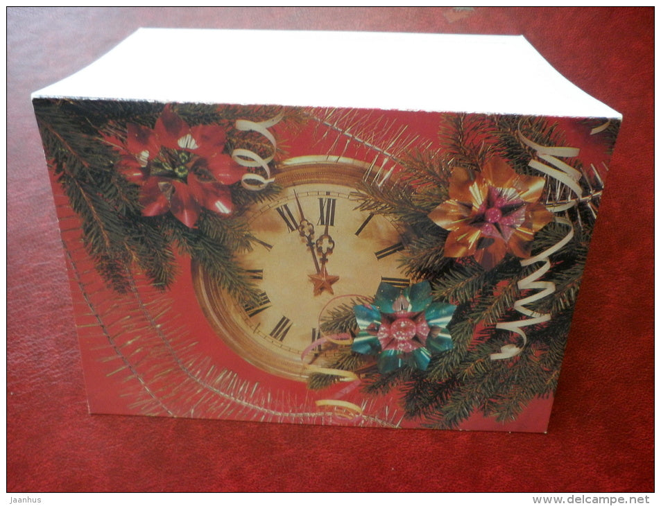 New Year greeting card - decorations - clock - 1987 - Russia USSR - used - JH Postcards