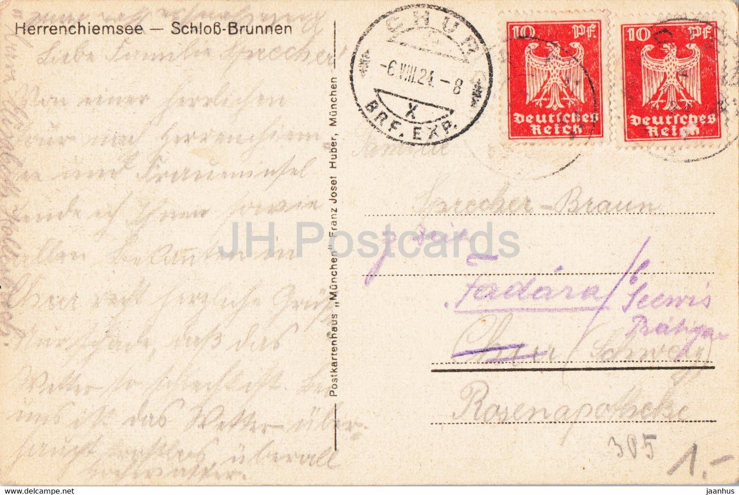 Herrenchiemsee - Schloss Brunnen - Schloss - alte Postkarte - 1924 - Deutschland - gebraucht