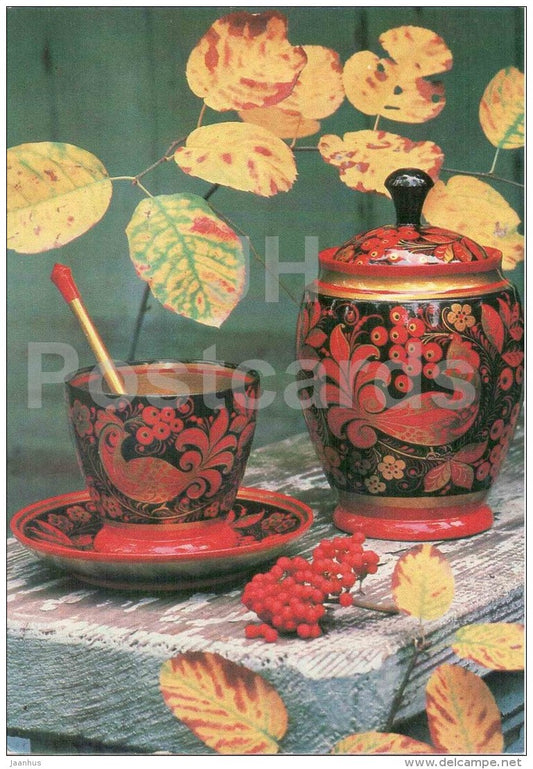 Cup , Saucer and Spoon , Coffeepot - Semyonovskaya khokhloma - russian handicraft - 1981 - Russia USSR - unused - JH Postcards