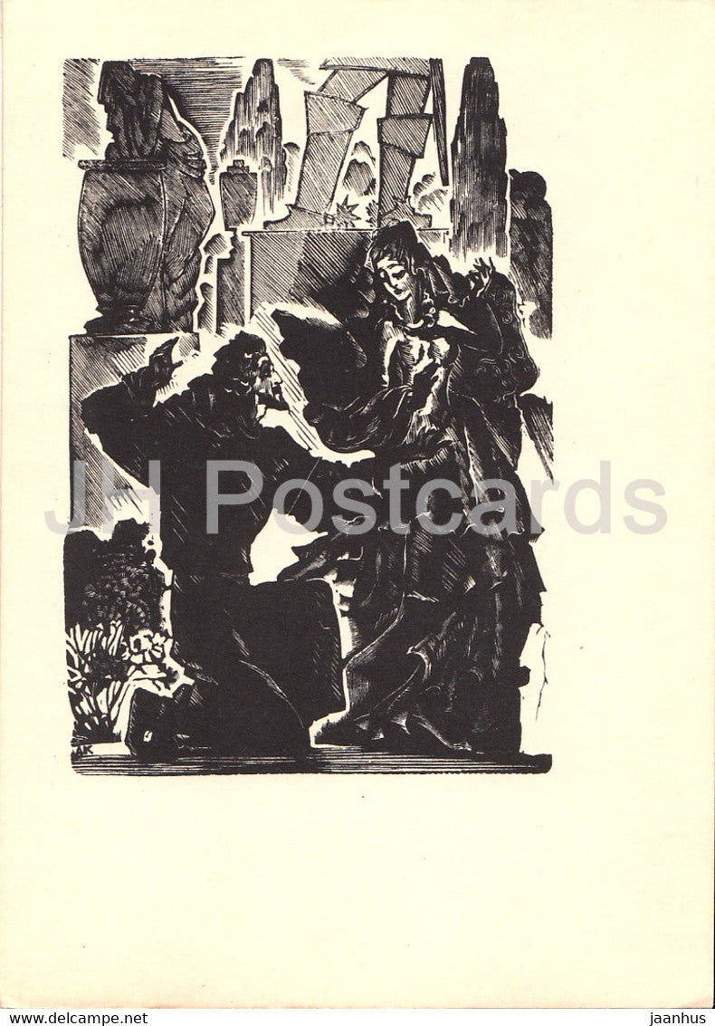 illustration by Kravchenko - Stone guest - Pushkin drama Stone Guest - 1962 - Russia USSR - unused - JH Postcards