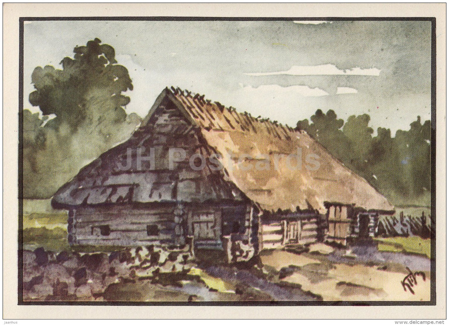 illustration by K. Tihase - Barn-Dwelling - Kihelkonna - Leedri - Estonian farm buildings - 1974 - Estonia USSR - unused - JH Postcards