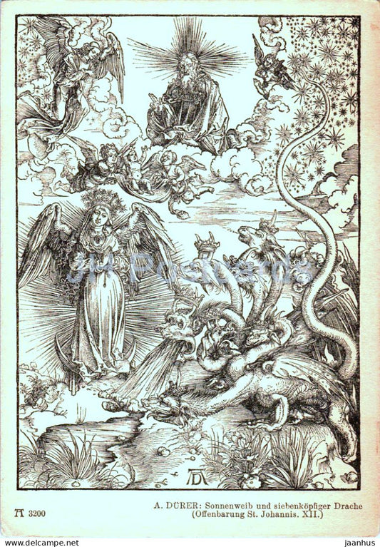 Engraving by Albrecht DÃ¼rer - Sonnenweib und siebenkopfiger Drache - 3200 - German art - old postcard - Germany - unused - JH Postcards