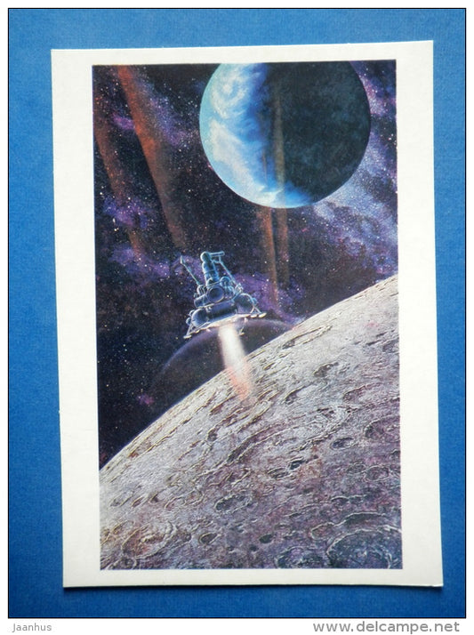 illustration by A. Sokolov - Luna-16 near the Moon - planet Earth - spaceship - space - Russia USSR - 1973 - unused - JH Postcards
