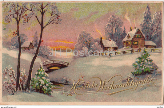 Christmas Greeting Card - Herzliche Weihnachtsgrusse - winter - house - AR 2814 - old postcard - 1934 - Germany - used - JH Postcards