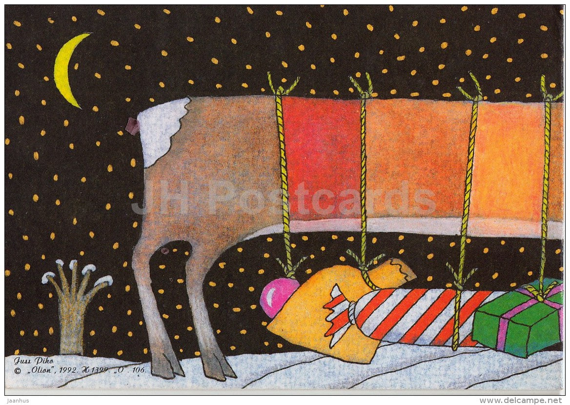 New Year Greeting card by J. Piho - reindeer - gifts - 1992 - Estonia - used - JH Postcards