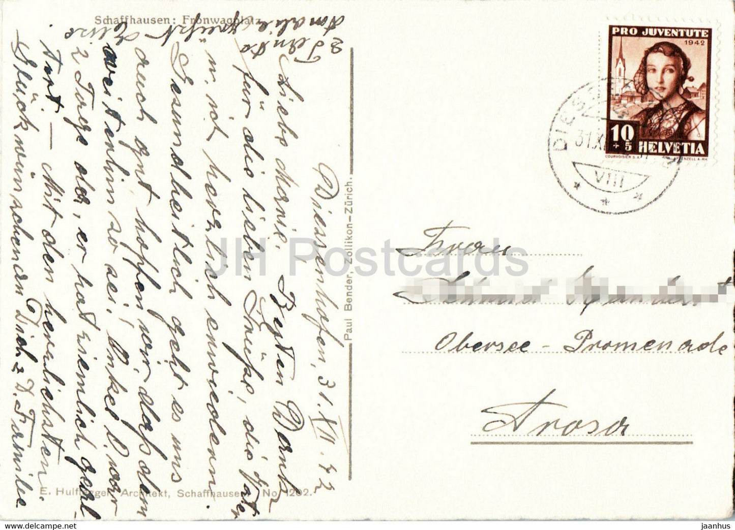 Schaffhausen - Fronwagplatz - illustration by E. Hulfteggel - 1202 - old postcard - 1942 - Switzerland - used