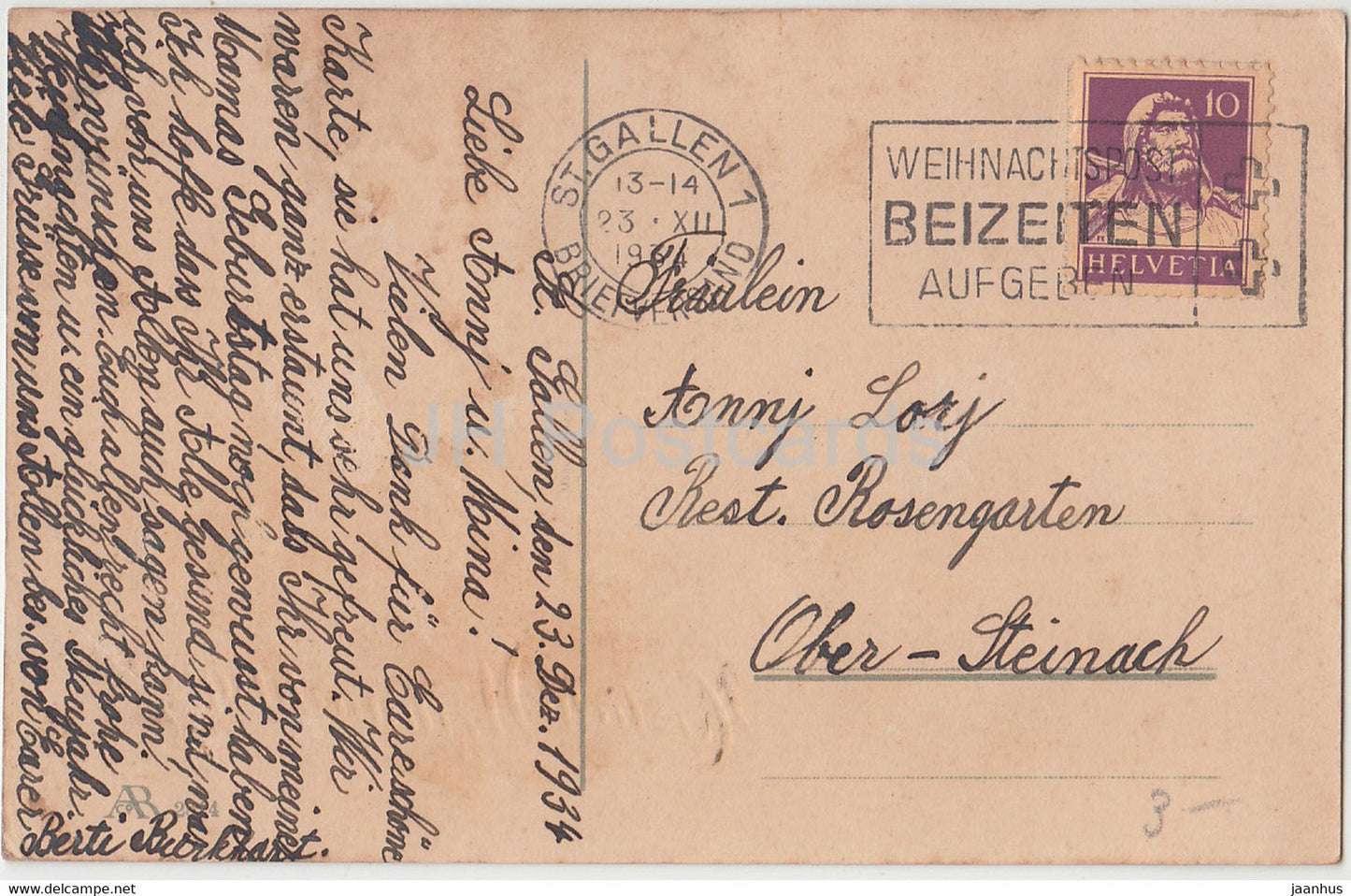 Carte de vœux de Noël - Herzliche Weihnachtsgrusse - hiver - maison - AR 2814 - carte postale ancienne - 1934 - Allemagne - utilisé