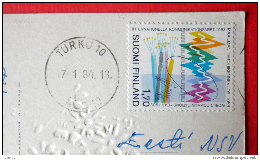 illustration by Hatt - bear - hat - embossed - 4682/4 - Finland - sent from Finland Turku to Estonia USSR 1984 - JH Postcards