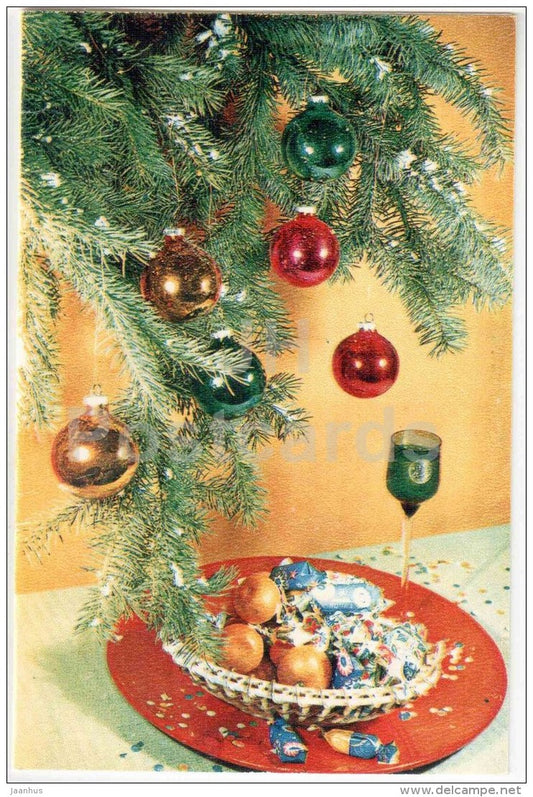 New Year greeting card by - decorations - candies - 1970 - Russia USSR - unused - JH Postcards