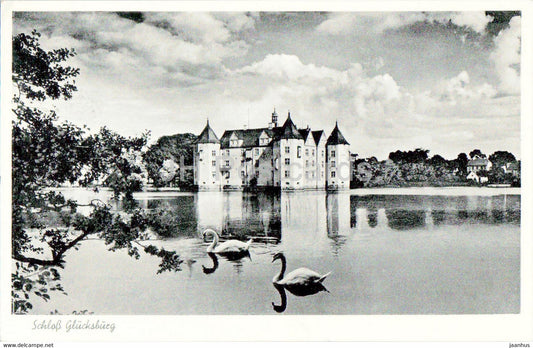 Schloss Glucksburg - castle - swan - birds - old postcard - 1956 - Germany - used - JH Postcards