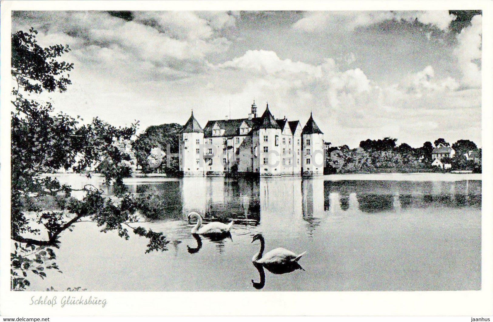 Schloss Glucksburg - castle - swan - birds - old postcard - 1956 - Germany - used - JH Postcards