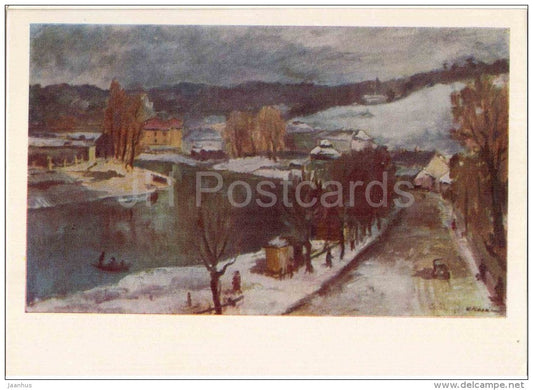 painting by V. Mackevicius - First Snow , 1947 - town - lithuanian art - unused - JH Postcards
