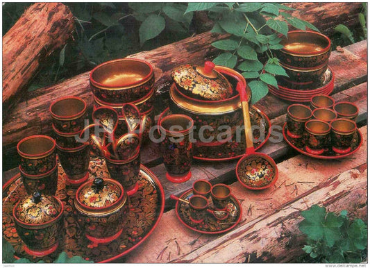 Pieces from Dinner Set - spoons - Semyonovskaya khokhloma - russian handicraft - 1981 - Russia USSR - unused - JH Postcards