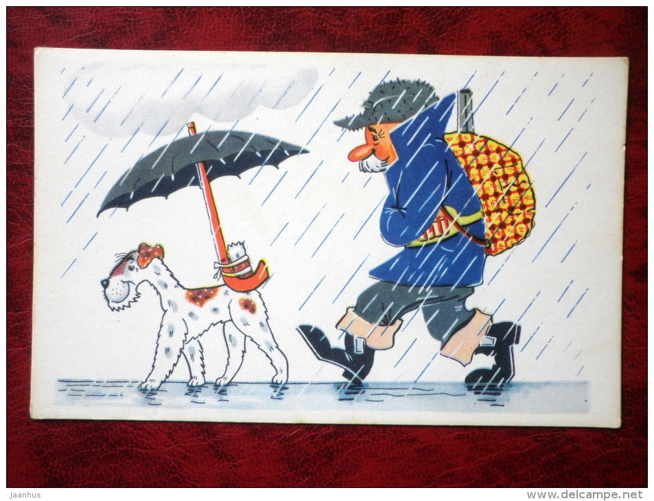 funny hunters and anglers by Orlov, Schwarz - back home - hunter - dog - umbrella - 1968 - Russia - USSR - unused - JH Postcards