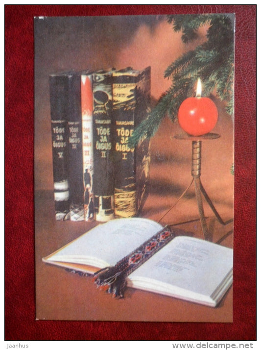 New Year Greeting card - books - candle - 1972 - Estonia USSR - used - JH Postcards