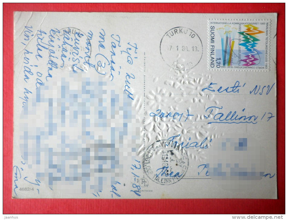 illustration by Hatt - bear - hat - embossed - 4682/4 - Finland - sent from Finland Turku to Estonia USSR 1984 - JH Postcards