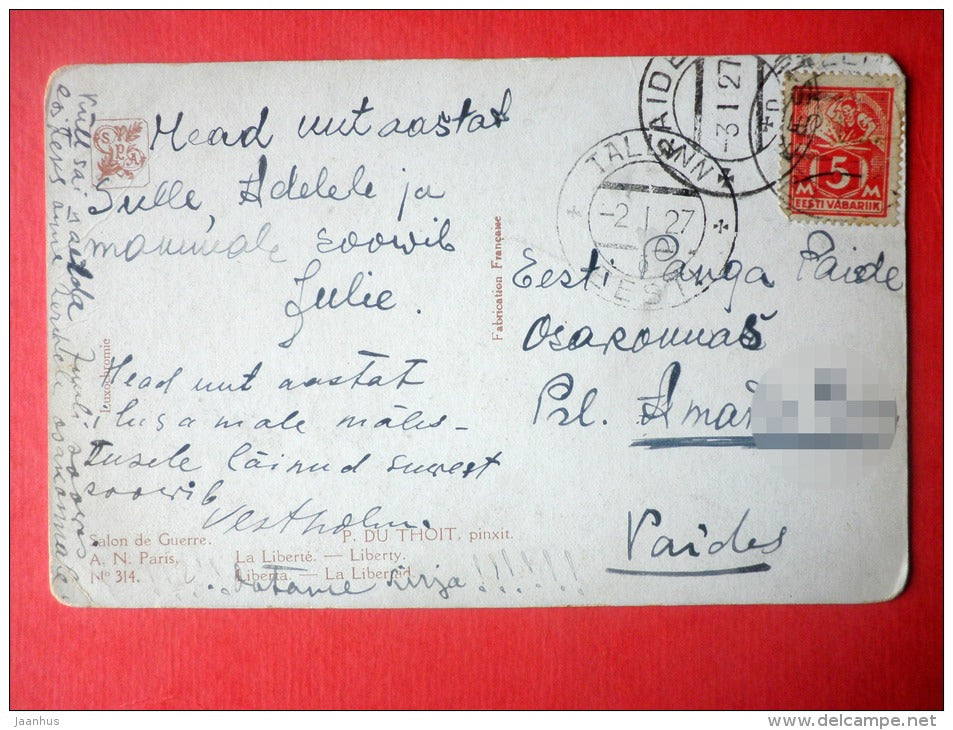 painting by P. du Thoit . La Liberte - Liberty - Salon de Guerre A. N. Paris - 314 - circulated in Estonia Tallinn 1927 - JH Postcards