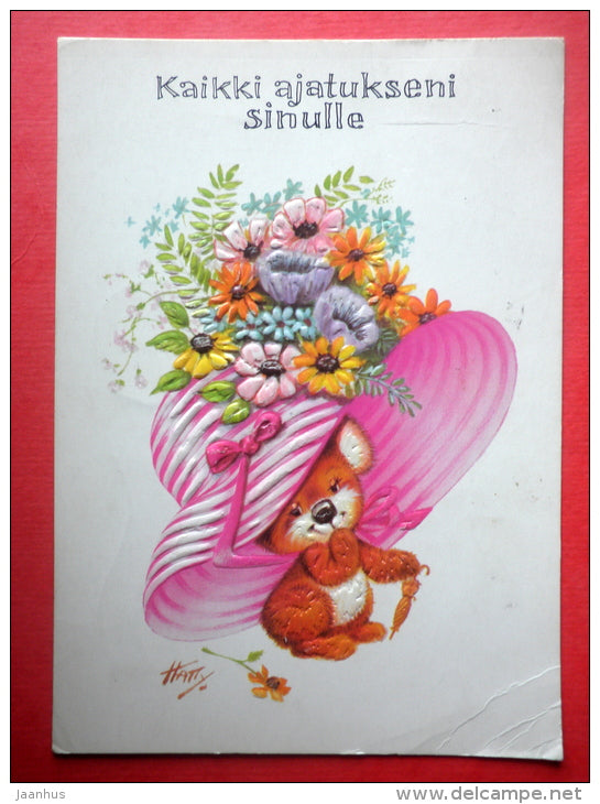 illustration by Hatt - bear - hat - embossed - 4682/4 - Finland - sent from Finland Turku to Estonia USSR 1984 - JH Postcards