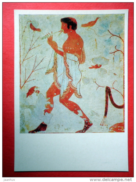 Flutist . detail of the fresco from Tomb of the Triclinium . 470 BC - birds - Etruscan Art - 1975 - Russia USSR - unused - JH Postcards