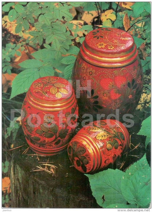 Blueberry , Gooseberry and Acorns set - Semyonovskaya khokhloma - russian handicraft - 1981 - Russia USSR - unused - JH Postcards