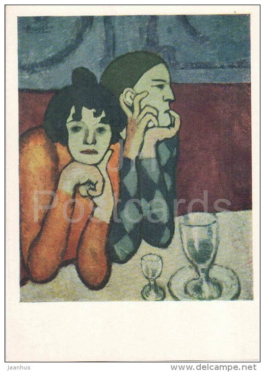 painting by Pablo Picasso - Harlequin and his Girl-Friend (Wandering Gymnasts) , 1901 - spanish art - unused - JH Postcards
