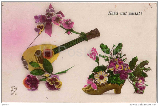 mandolin - flowers - musical instrument - CEKO 942 - old postcard - circulated in Estonia Suure-Kõpu 1925 - JH Postcards