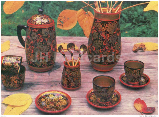 Pieces from Coffee Set - spoons - Semyonovskaya khokhloma - russian handicraft - 1981 - Russia USSR - unused - JH Postcards