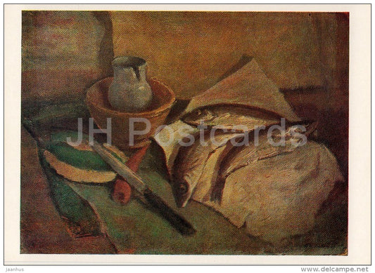 painting by A. Karvovsky - Still life . Fishes , 1950 - knife - Russian art - Russia USSR - 1980 - unused - JH Postcards