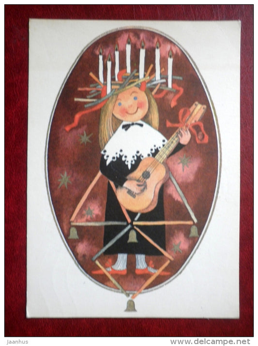 New Year Greeting card - by E. Tamberg - girl playing guitar - candles - 1987 - Estonia USSR - used - JH Postcards