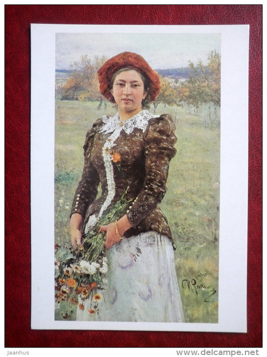 painting by Ilya Repin , Portrait of the Artist´s Daughter , 1892 - flowers - russian art - unused - JH Postcards