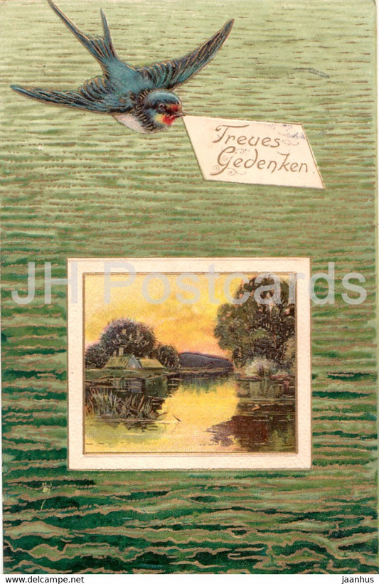 Treues Gedenken - swallow - countryside - illustration - 941 N - old postcard - 1908 - Germany - used - JH Postcards