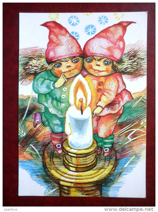 New Year Greeting card - illustration by Iivi Raudsepp , elves - candle - 1990 - Estonia USSR - used - JH Postcards