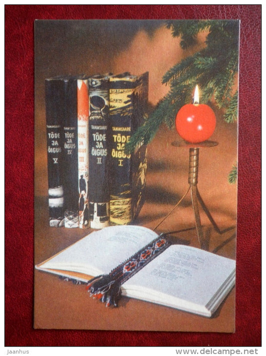 New Year Greeting card - books - candle - 1972 - Estonia USSR - unused - JH Postcards