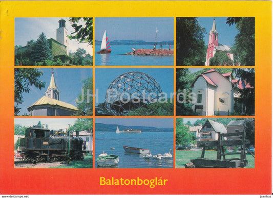Balaton - Balatonboglar - sailing boat - church - locomotive - view - multiview - 1994 - Hungary - used - JH Postcards