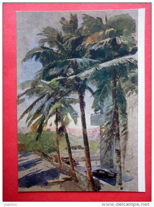 painting by Viktor Klimashin - Evening in Cuffe Parade . Bombay - palm trees - russian art - unused - JH Postcards