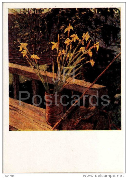 painting by L. Lankinen - In anticipation of the ship , 1959 - flowers - fish hook - russian art - unused - JH Postcards