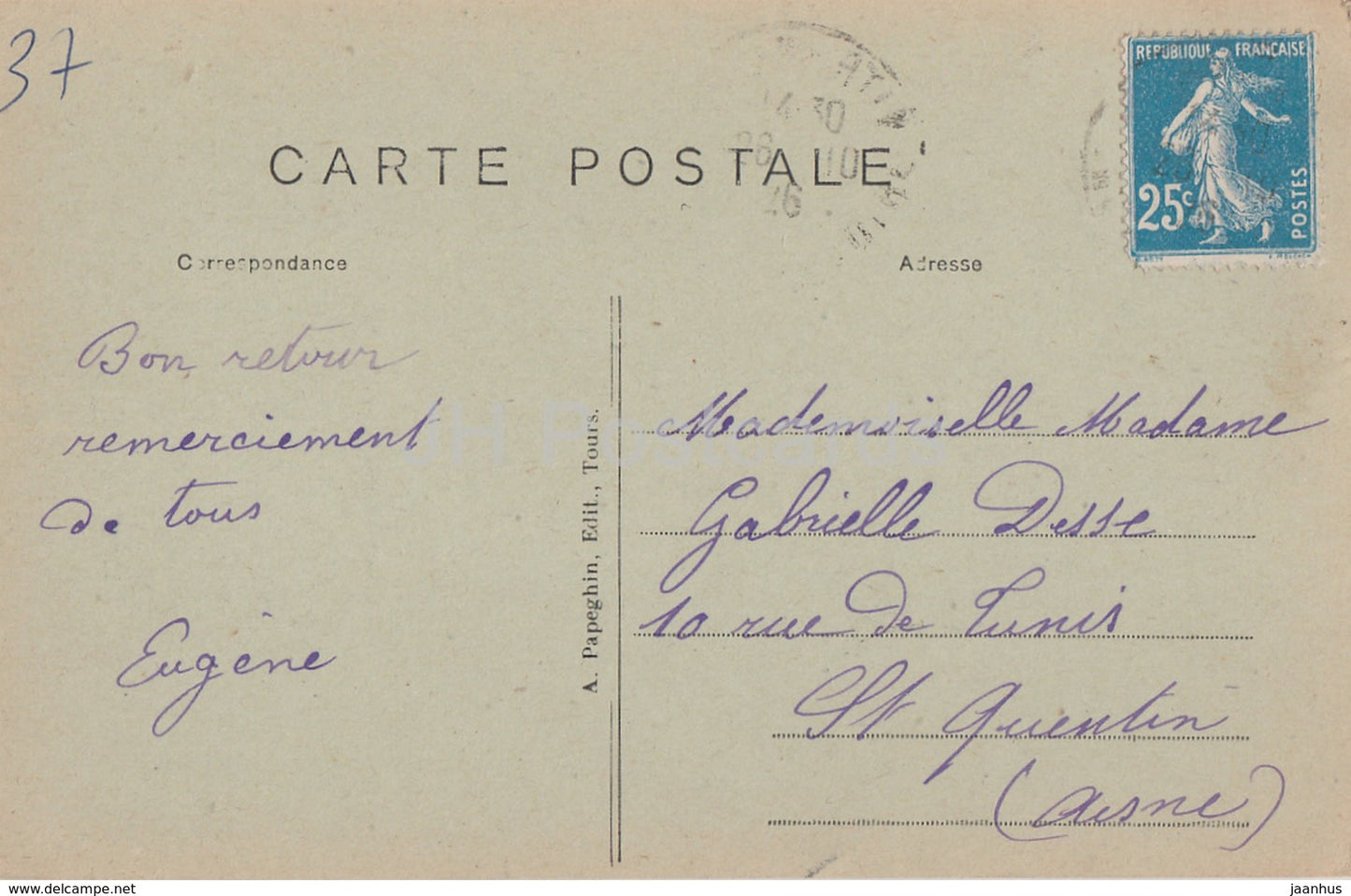 Environs de Tours - St Avertin - Chateau de Grandmont - Cote Nord - castle - 284 - old postcard - 1926 - France - used