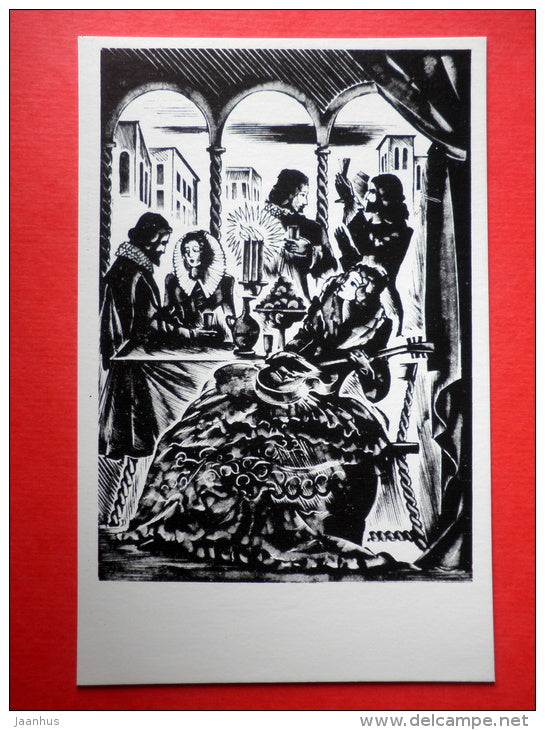 illustration by A. Kravchenko - mandolin- The Stone Guest - Illustrations to Pushkin Works - 1973 - Russia USSR - unused - JH Postcards
