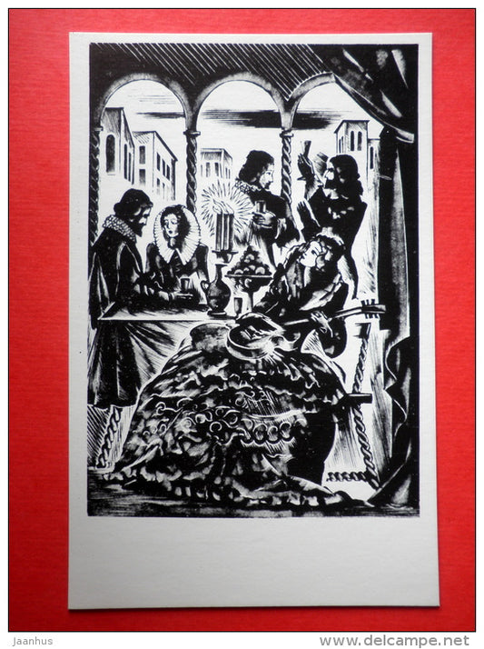 illustration by A. Kravchenko - mandolin- The Stone Guest - Illustrations to Pushkin Works - 1973 - Russia USSR - unused - JH Postcards