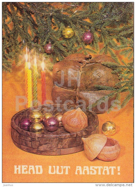 New Year Greeting card - 2 - decorations - candles - 1981 - Estonia USSR - used - JH Postcards