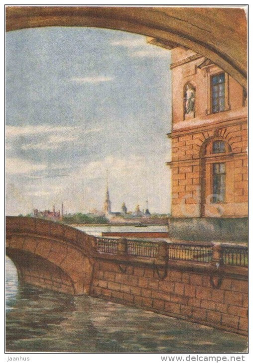 painting by A. Balashov - Leningrad . Winter Canal - river - St. Petersburg - russian art - unused - JH Postcards