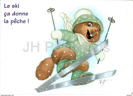 illustration by Zephir D'elph - Le ski ca donne la peche - skiing - France - used - JH Postcards