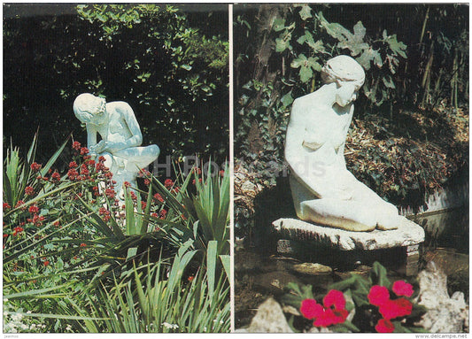 sculptures Boy taking out a splinter and Youth - Nikitsky Botanical Garden - 1991 - Ukraine USSR - unused - JH Postcards