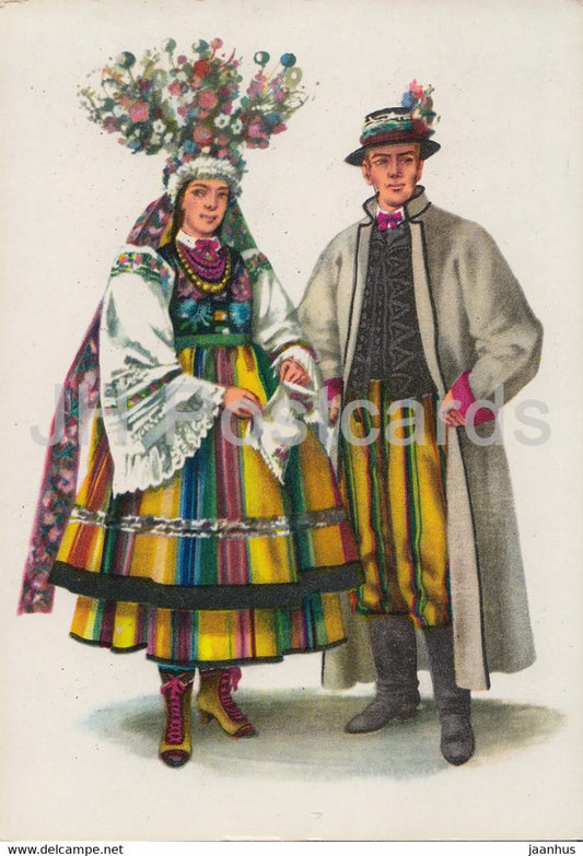 wedding costume from Lowicki - illustration - Polish Folk Costumes - Poland - unused - JH Postcards